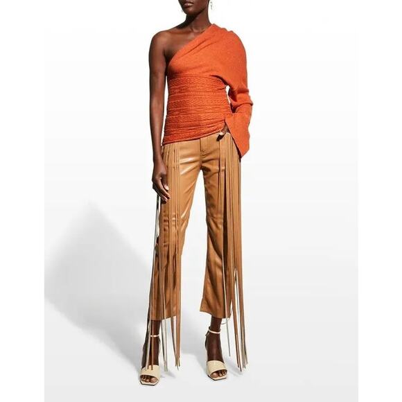 Hellessy Allie Fringe Pants Camel Faux Leather 8 - Picture 1 of 15